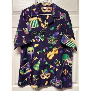 Mardi Gras Men's Large Button-Up Shirt Short-Sleeve Purple Party Mask Instrument